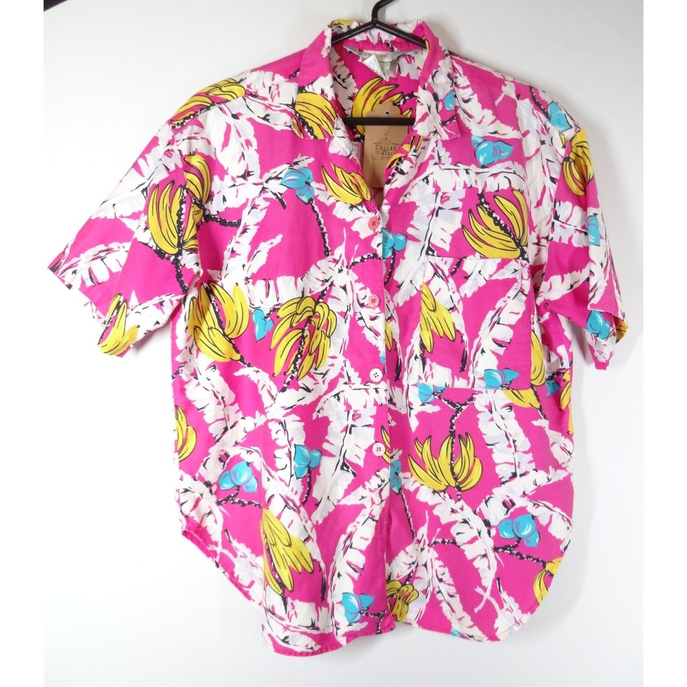 VTG Paula Saker Banana Print Shirt LG Pink Tropical Fruit Hawaiian Camp Cotton